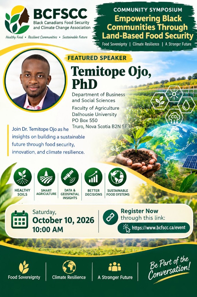 Featured speaker poster for Temitope Ojo, PhD. Building a sustainable future through food security, innovation, and climate resilience.